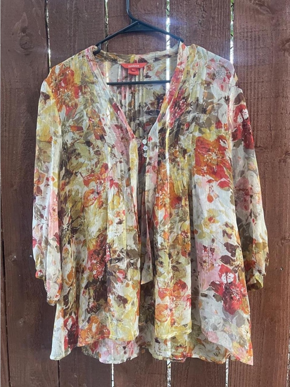 Sundance 100% Silk Sheer Boho Whimsical Autumn Floral Print Hi-Low Blouse Sz L